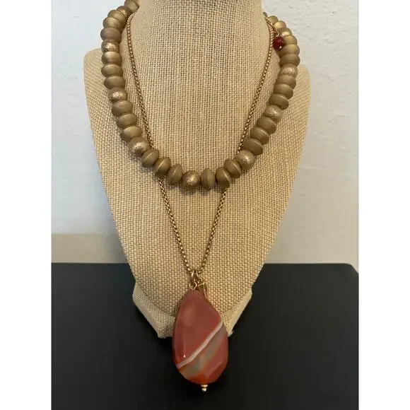 Chico's Statement Necklace Gold Tone Beads Chain & Carnelian Stone - Picture 2 of 3